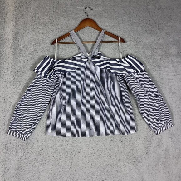 J.CREW Tops - J. Crew Halter Top Women's 10 Blue White Striped Ruffle Off Shoulder Blouse NWT